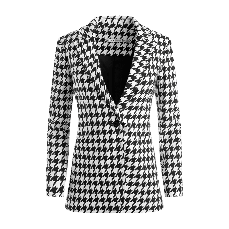 Alice + Olivia Breann Signature Long Fitted Houndstooth Print Blazer