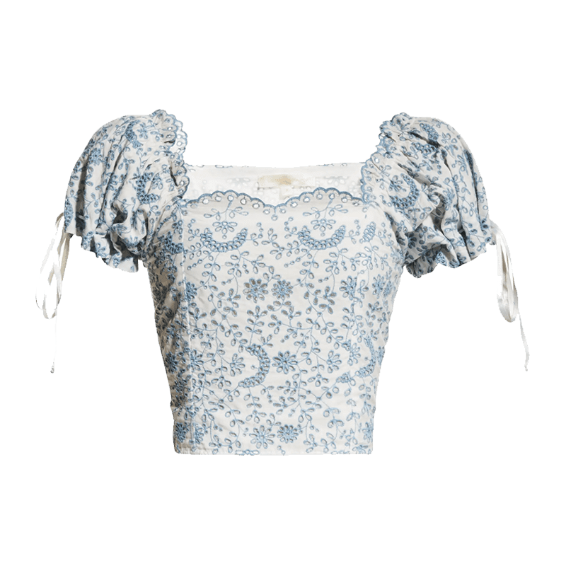 LoveShackFancy Melina Embroidered Tie-Cuff Crop Top